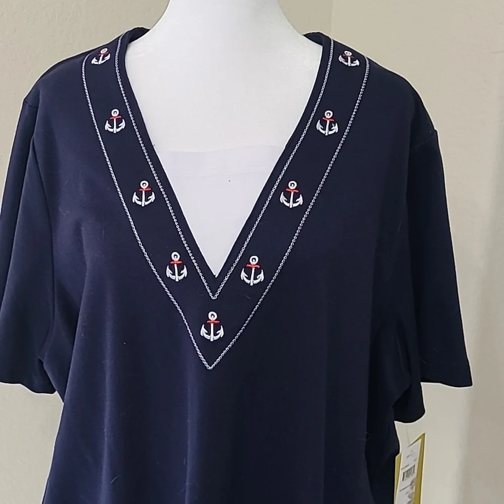 Cathy Daniels Vee Neck Navy Top Size 1X - Picture 3 of 6